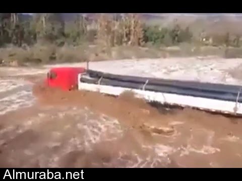 “فيديو” شاهد سائق يتحدى السيول بشاحنته العملاقة