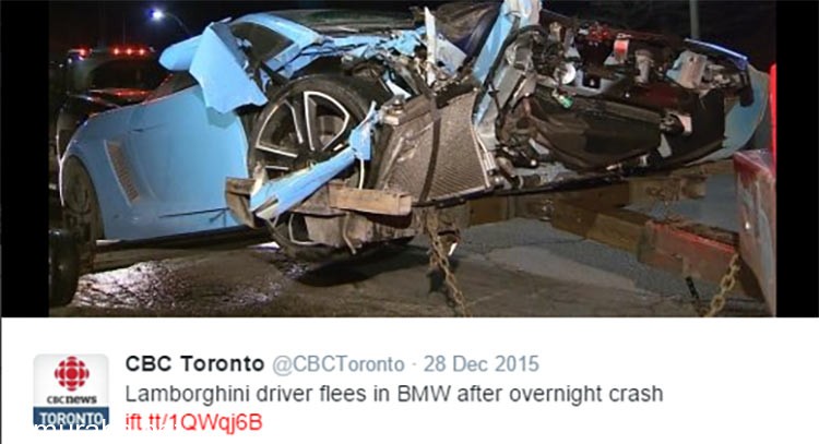 تحطم لامبورجيني جالاردو في كندا وسائقها يهرب بمساعدة شخص آخر في سيارة بي ام دبليو 1