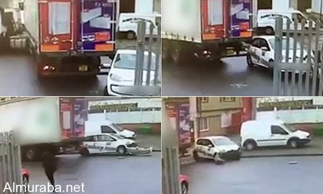 “فيديو” شاحنة تجر سيارة صغيرة متوقفة في الشارع بدون علم سائقها