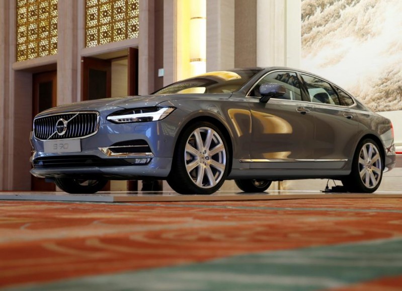 Volvo S90 is displayed at a panel discussion about self-driving cars at Diaoyutai State Guesthouse in Beijing