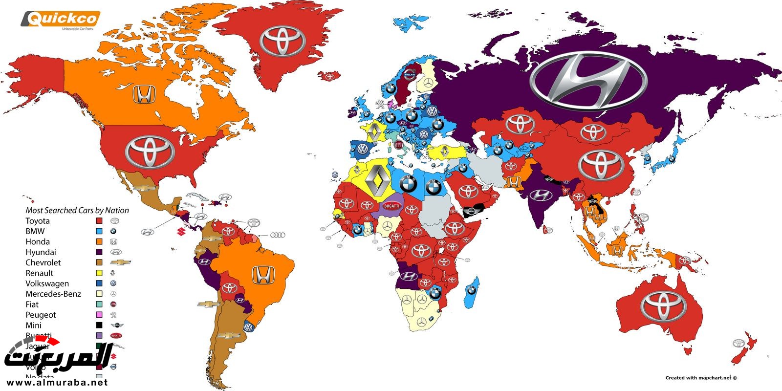 خارطة تبين أكثر علامات السيارات التجارية بحثا بدول العالم 2