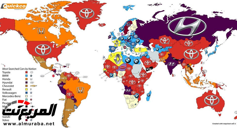 خارطة تبين أكثر علامات السيارات التجارية بحثا بدول العالم 3