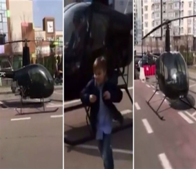 “فيديو” شاهد رجل يوصل ابنه للمدرسة بطائرة هليكوبتر لتأخره