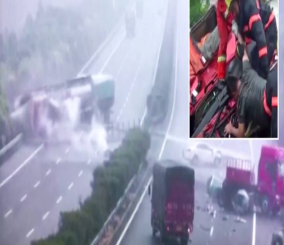 “فيديو” شاهد لحظة وقوع تصادم بين أكثر من شاحنة