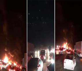 "فيديو" شاهد حريق ضخم اندلع بناقلة بنزين على طريق الرياض القصيم السريع 1