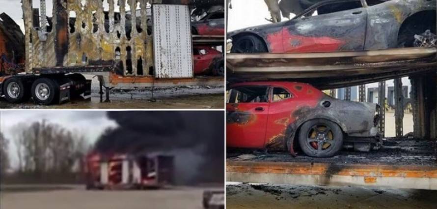 “فيديو” شاهد احتراق شحنة من سيارات دودج تشالنجر ديمون أثناء توصيلها