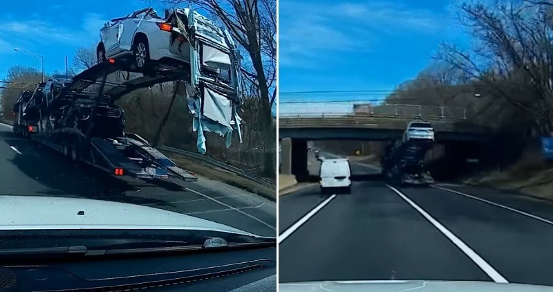 “بالفيديو” شاهد تحطم سيارة محملة على شاحنة أثناء مرورها تحت جسر
