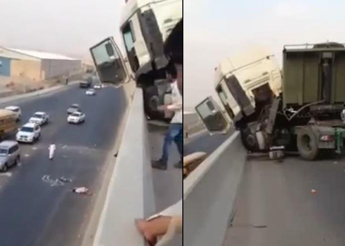 “بالفيديو”: حادث شاحنة في مدينة الرياض وسائقها يسقط من فوق الجسر